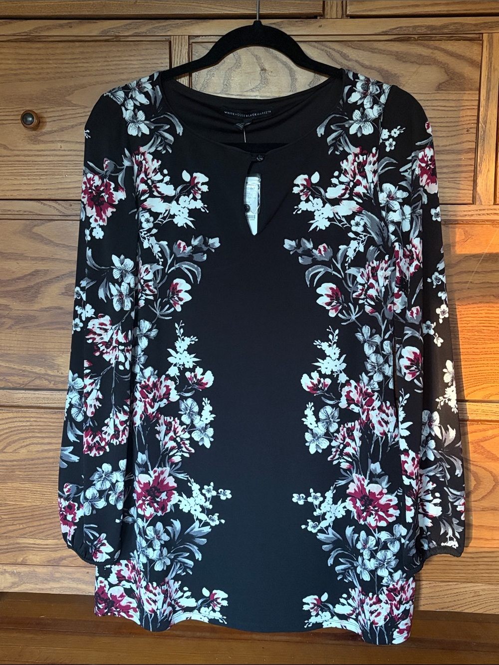 White House Black Market Black Floral Keyhole Top with Burgundy & White Accents